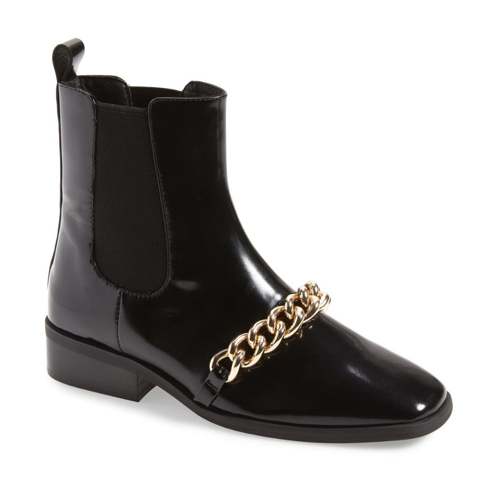 $250 Jeffrey Campbell Emrys Chelsea Boot Square Glossy Gold Chain 8 (Tb26)